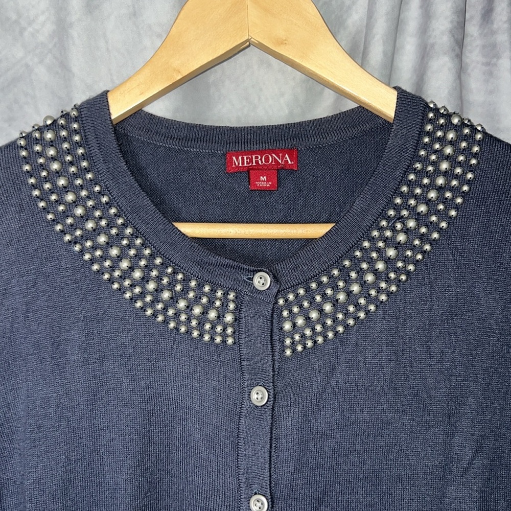Merona Steel Gray-Blue Beaded Neck Button Down Cardigan Sweater - size MED - Picture 7 of 10